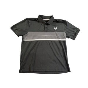 Sergio Tacchini Polo Shirt Mens Medium Black Striped Short Sleeve Sporty Logo